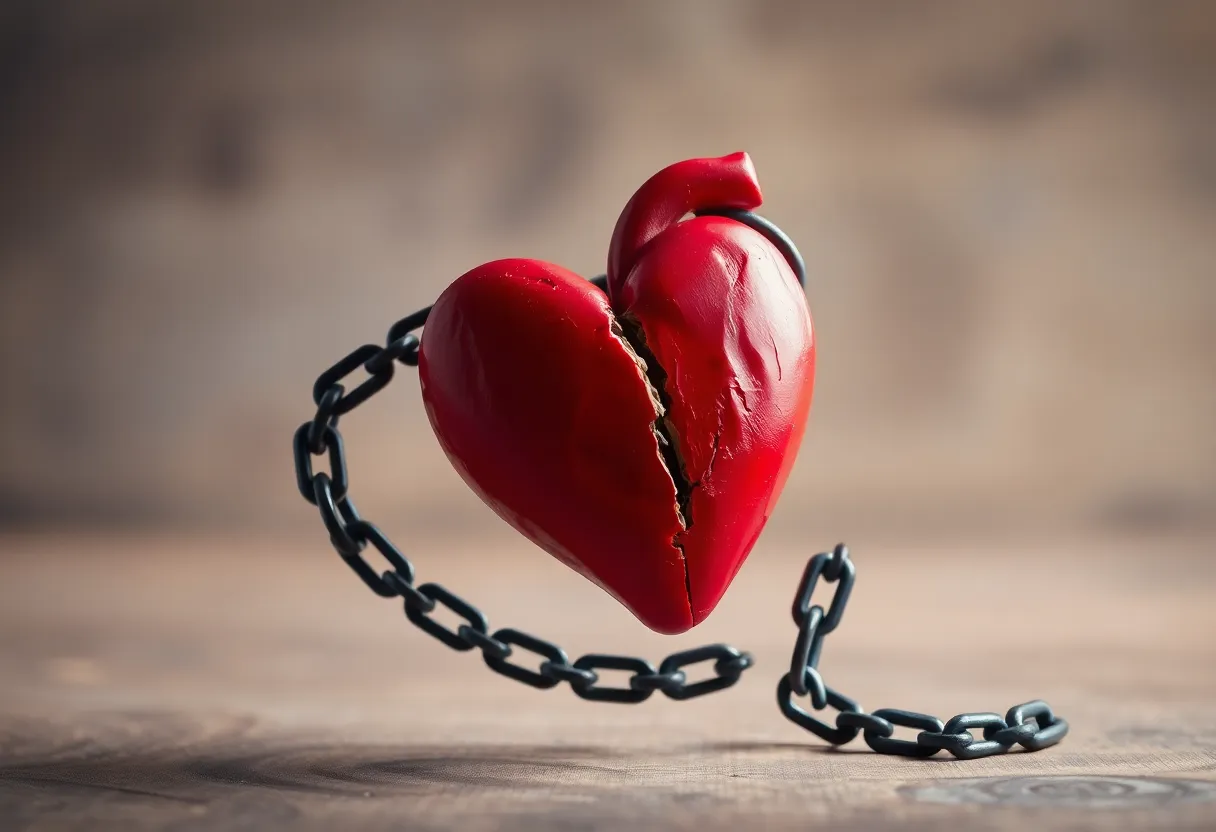 Symbolic representation of domestic violence awareness with a broken heart and chain.