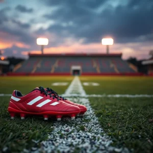 A tribute scene on a football field for a fallen athlete.