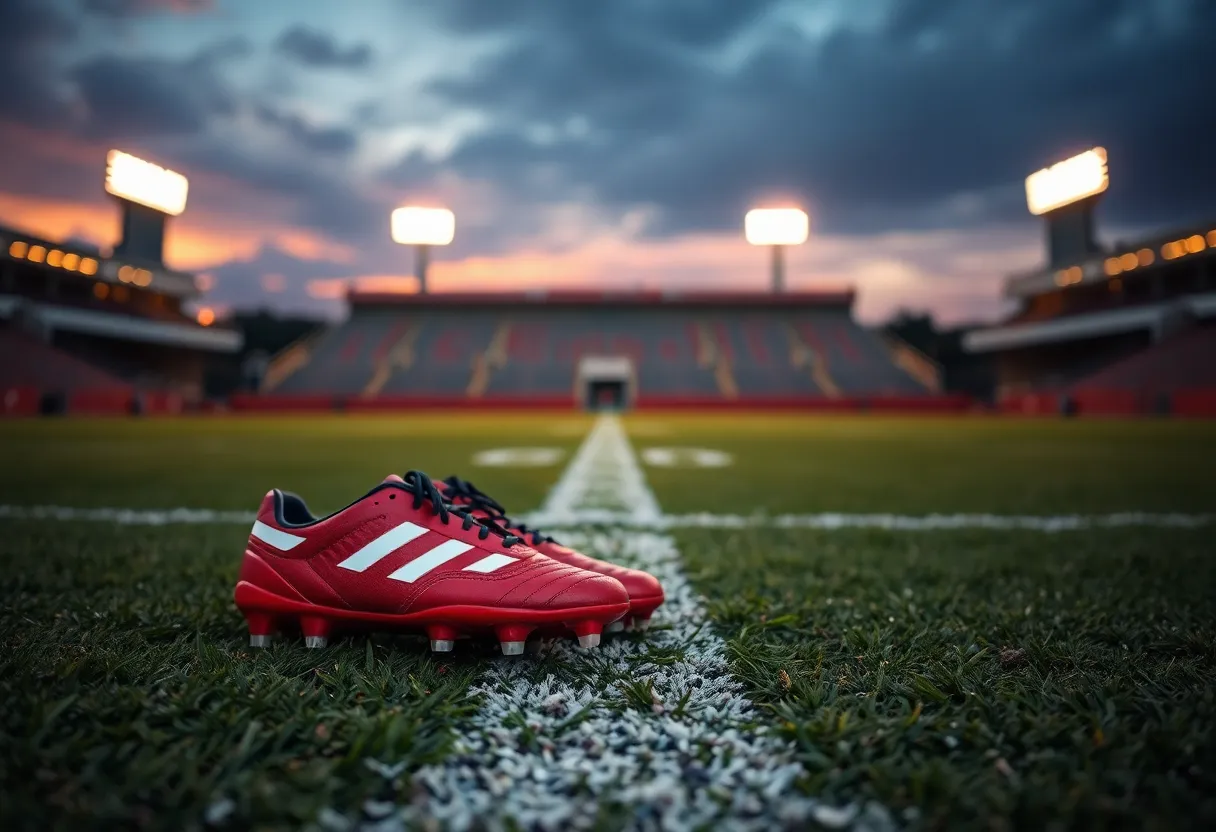 A tribute scene on a football field for a fallen athlete.