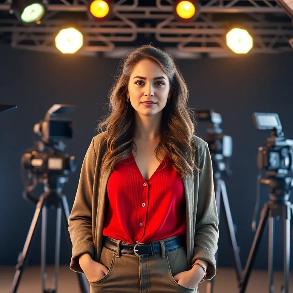 Actress on a film set with cameras and lights