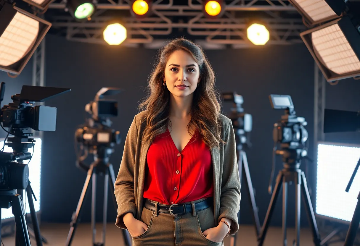 Actress on a film set with cameras and lights