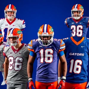 Various Florida Gators football uniforms for the 2025 season