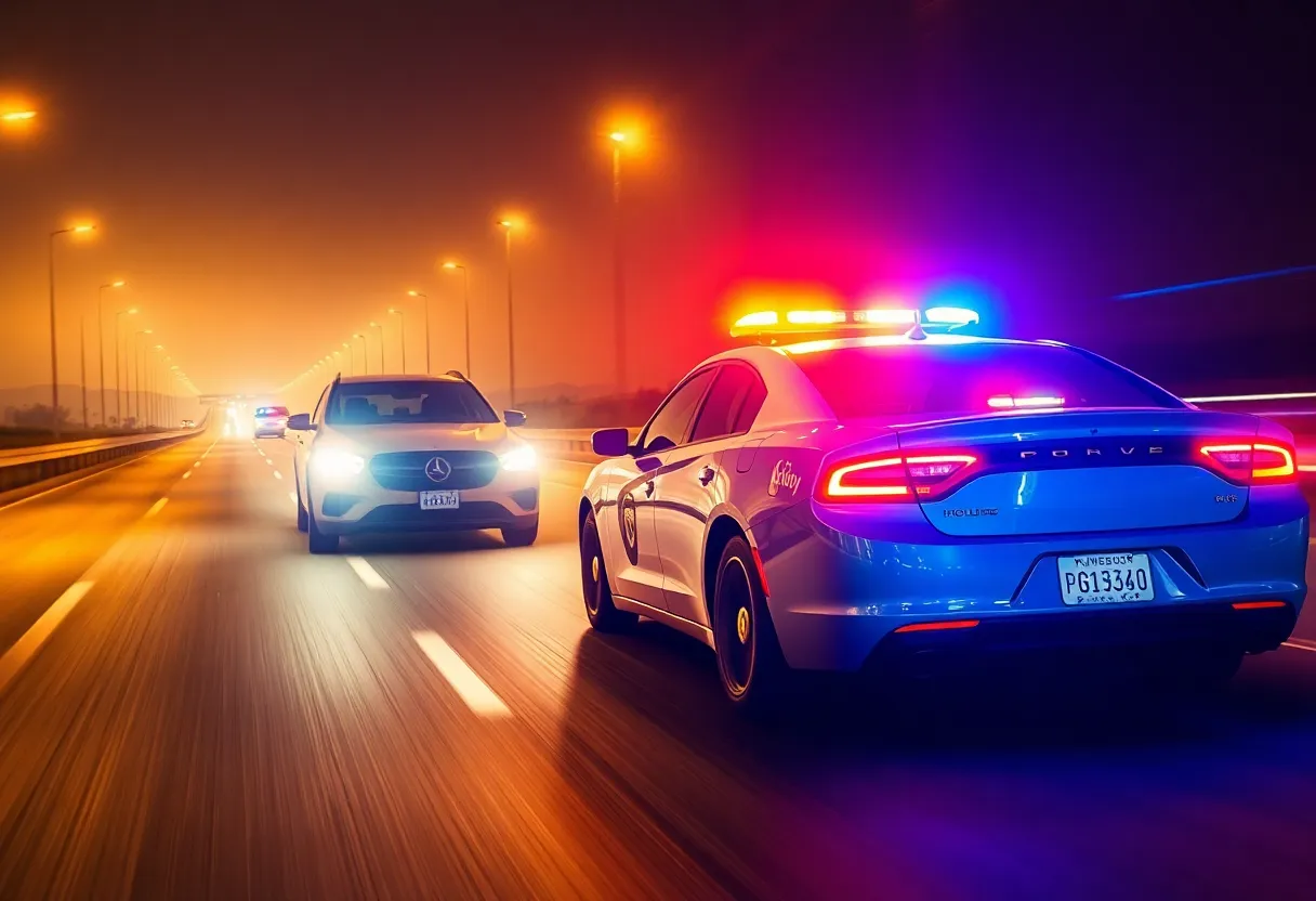 Police car in pursuit of a vehicle on the highway