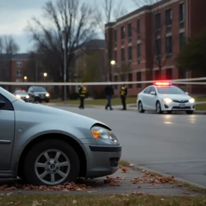 Scene of a hit-and-run accident with police tape and responders
