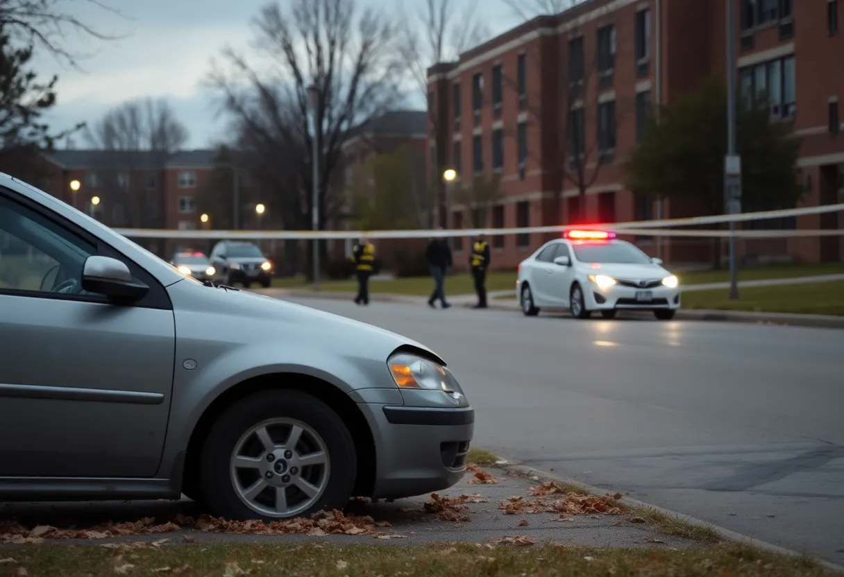 Scene of a hit-and-run accident with police tape and responders