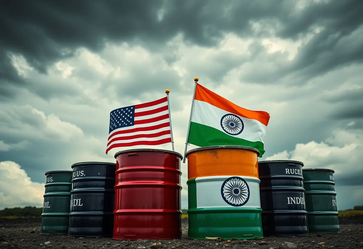 Illustration showing U.S. and Indian flags on oil barrels representing trade tensions.