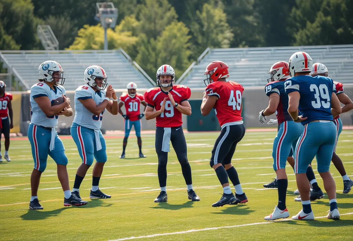 Lane Kiffin coaching the Ole Miss Rebels on the field during practice