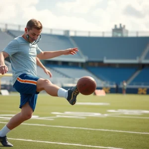 College football kicker practicing at a stadium