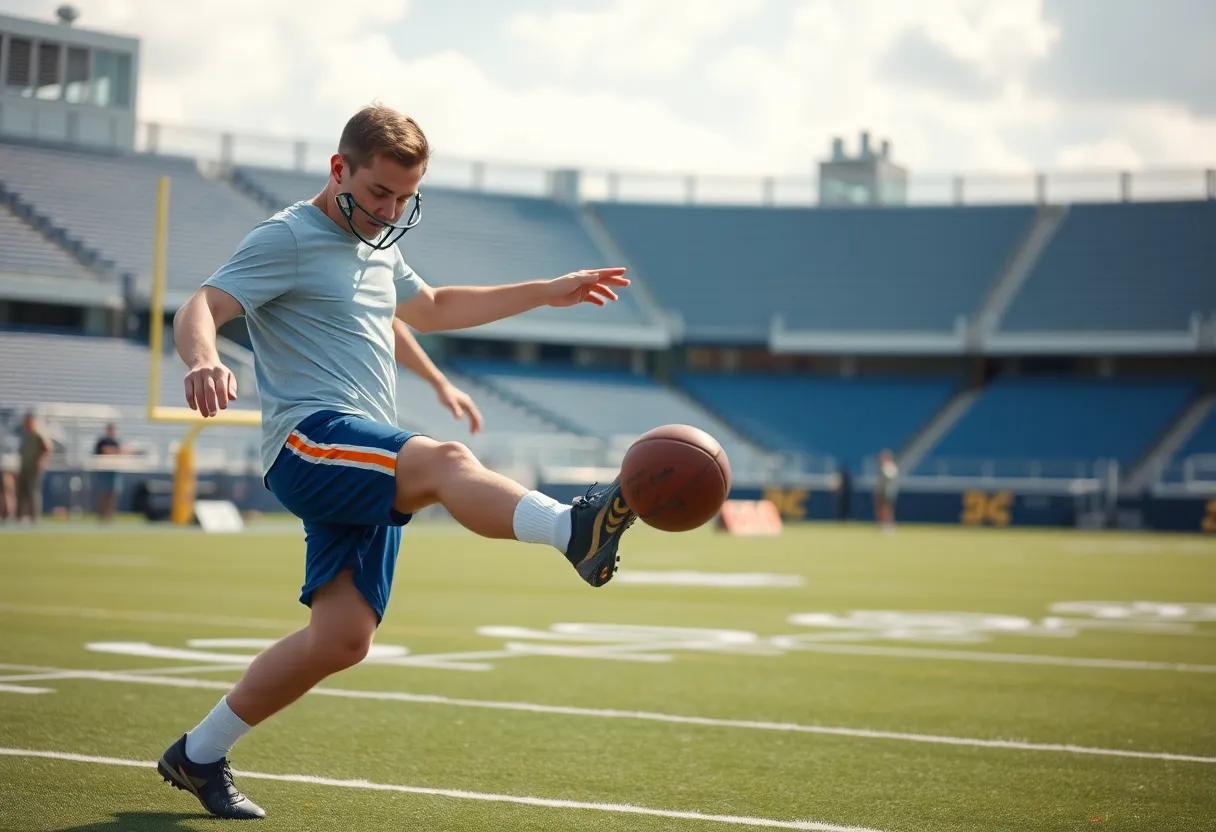 College football kicker practicing at a stadium