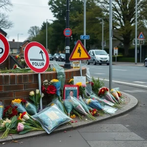Memorial flowers on a street corner for a hit-and-run victim