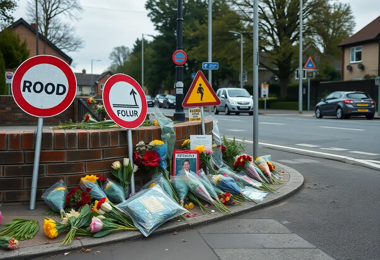 Memorial flowers on a street corner for a hit-and-run victim
