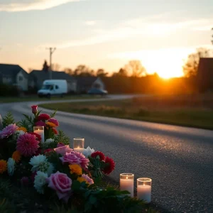 Memorial candles and flowers by a roadside