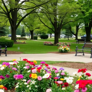 A peaceful memorial park in Emporia, Kansas with flowers and benches.