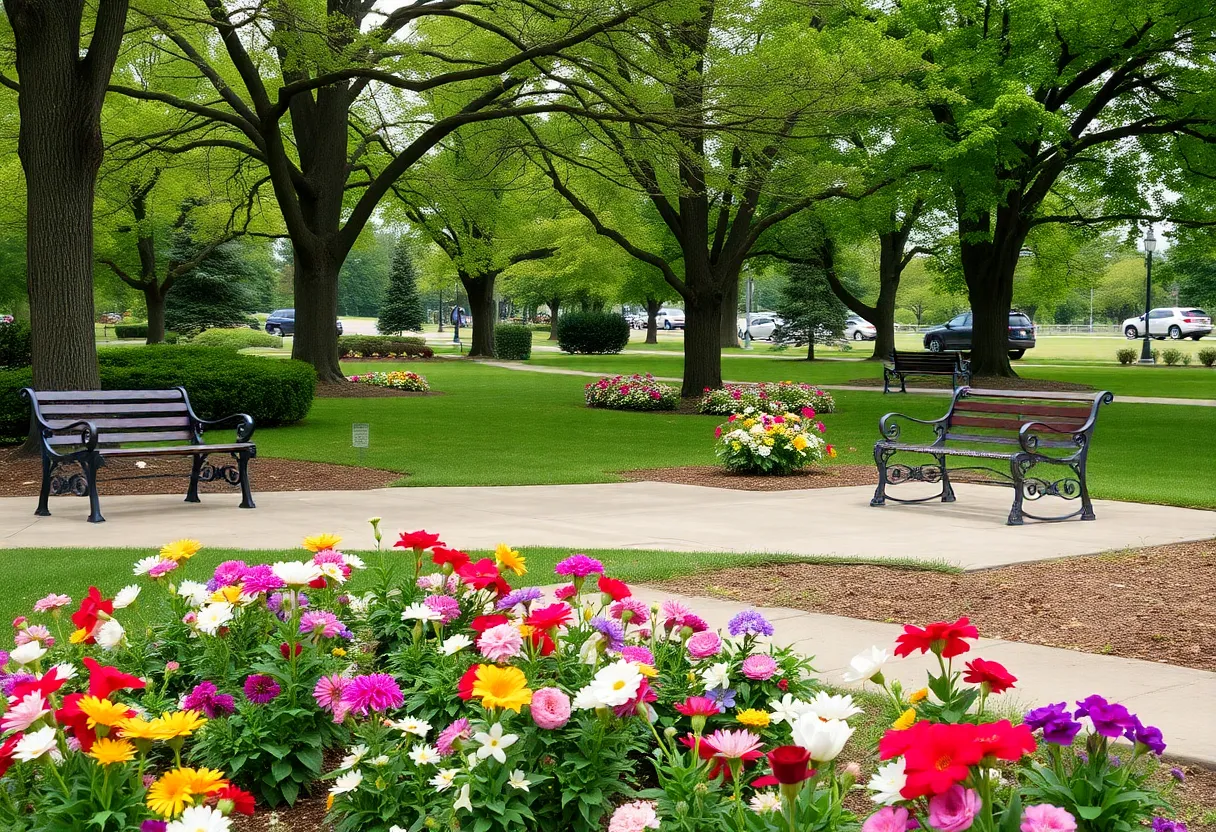 A peaceful memorial park in Emporia, Kansas with flowers and benches.