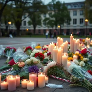 Memorial candles and flowers for Walker Fielder on campus