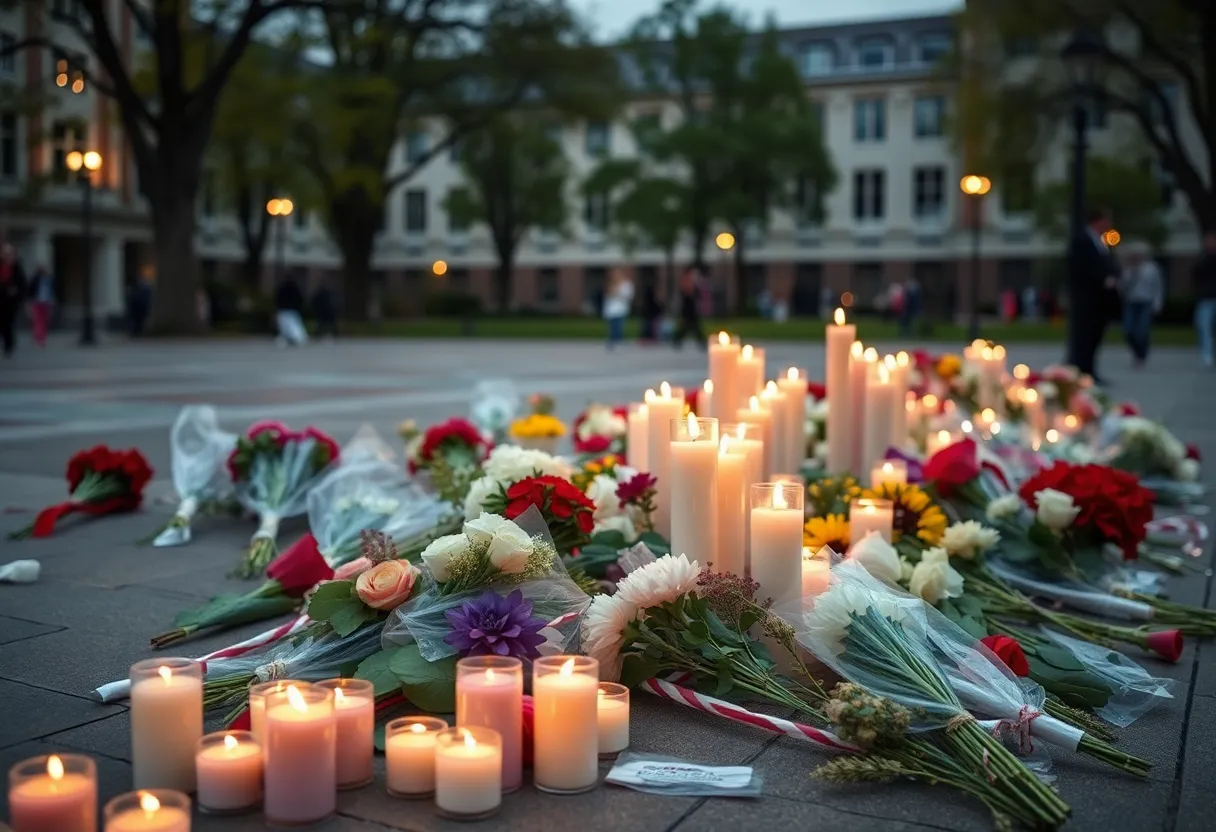 Memorial candles and flowers for Walker Fielder on campus