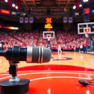 Basketball broadcasting scene featuring microphones and headphones