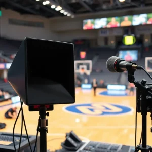 Radio broadcasting setup at Ole Miss basketball court