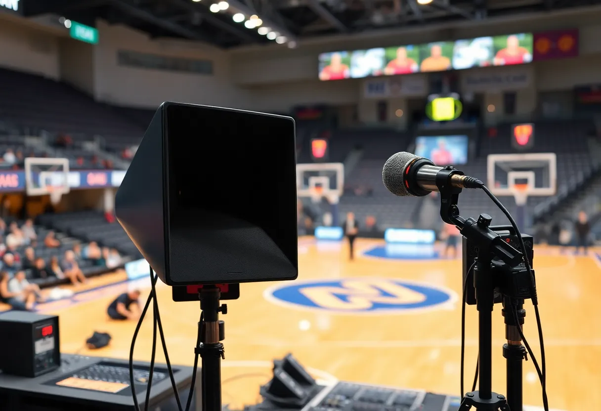 Radio broadcasting setup at Ole Miss basketball court