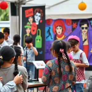 Students engaging in artistic activities inspired by Bob Dylan's music at a festival.