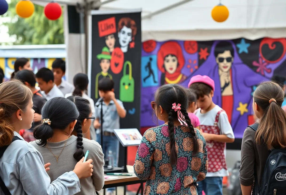 Students engaging in artistic activities inspired by Bob Dylan's music at a festival.