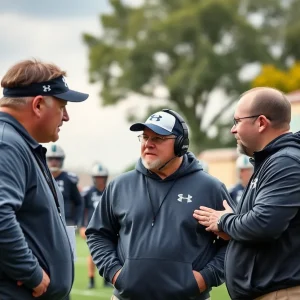 Meeting of the Ole Miss football coaching staff discussing strategies.