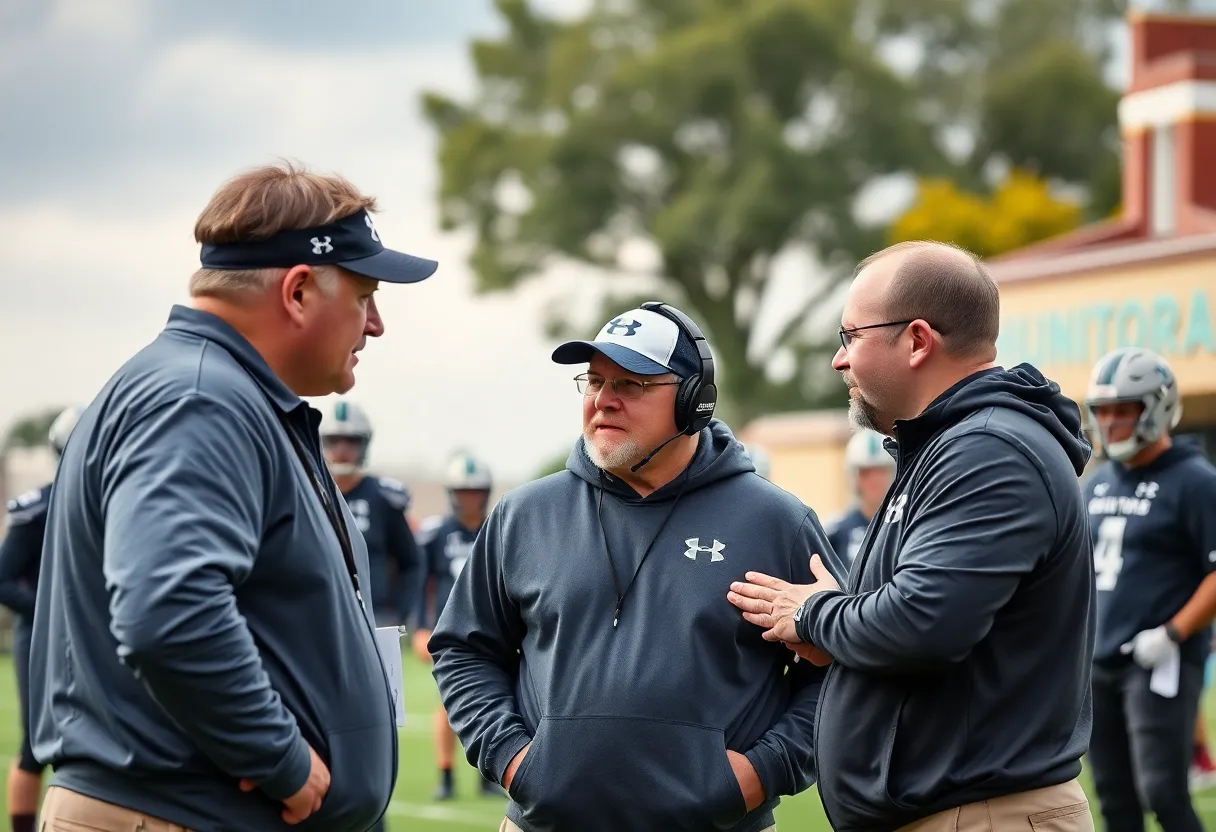 Meeting of the Ole Miss football coaching staff discussing strategies.