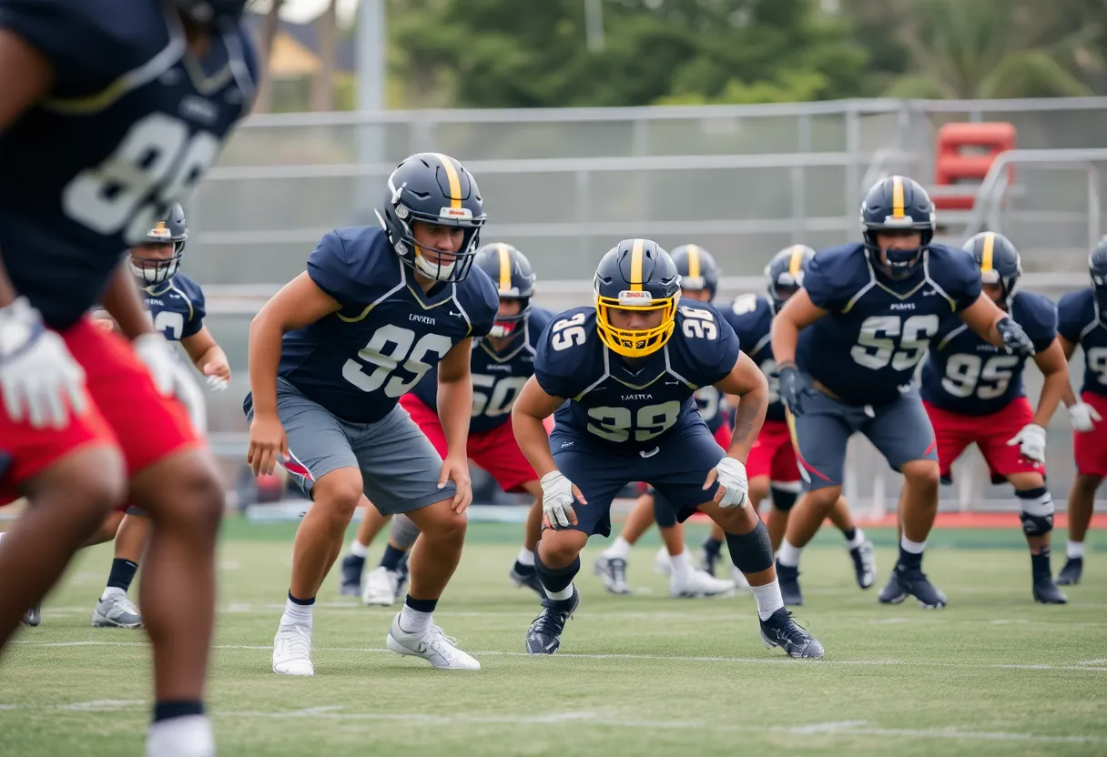 Ole Miss defensive line players practicing during training session