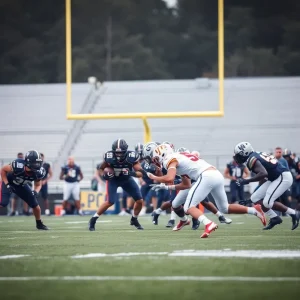 Team demonstrating defensive strategy on football field