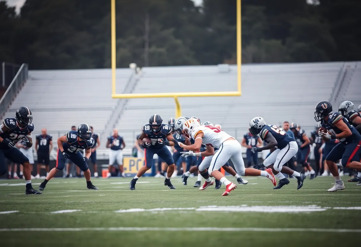 Team demonstrating defensive strategy on football field