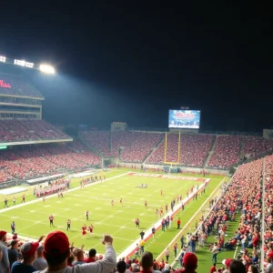 Ole Miss football fans cheering in a stadium