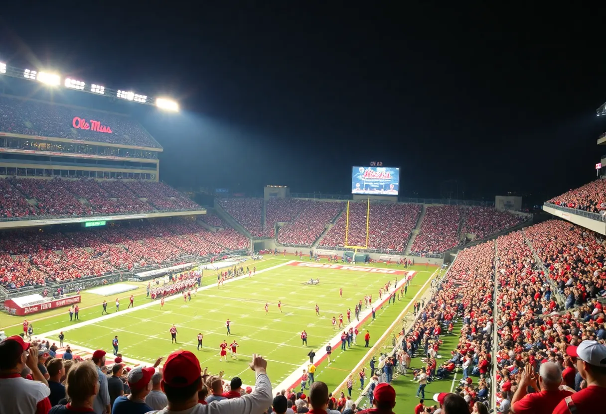 Ole Miss football fans cheering in a stadium