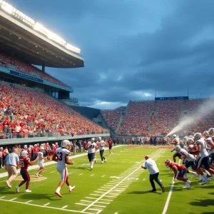 Ole Miss football players in action at Vaught-Hemingway Stadium
