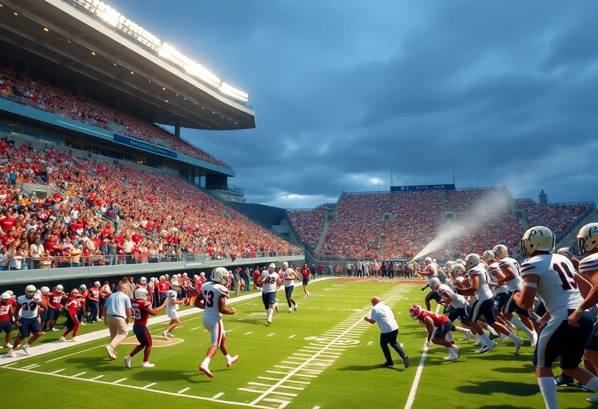 Ole Miss football players in action at Vaught-Hemingway Stadium