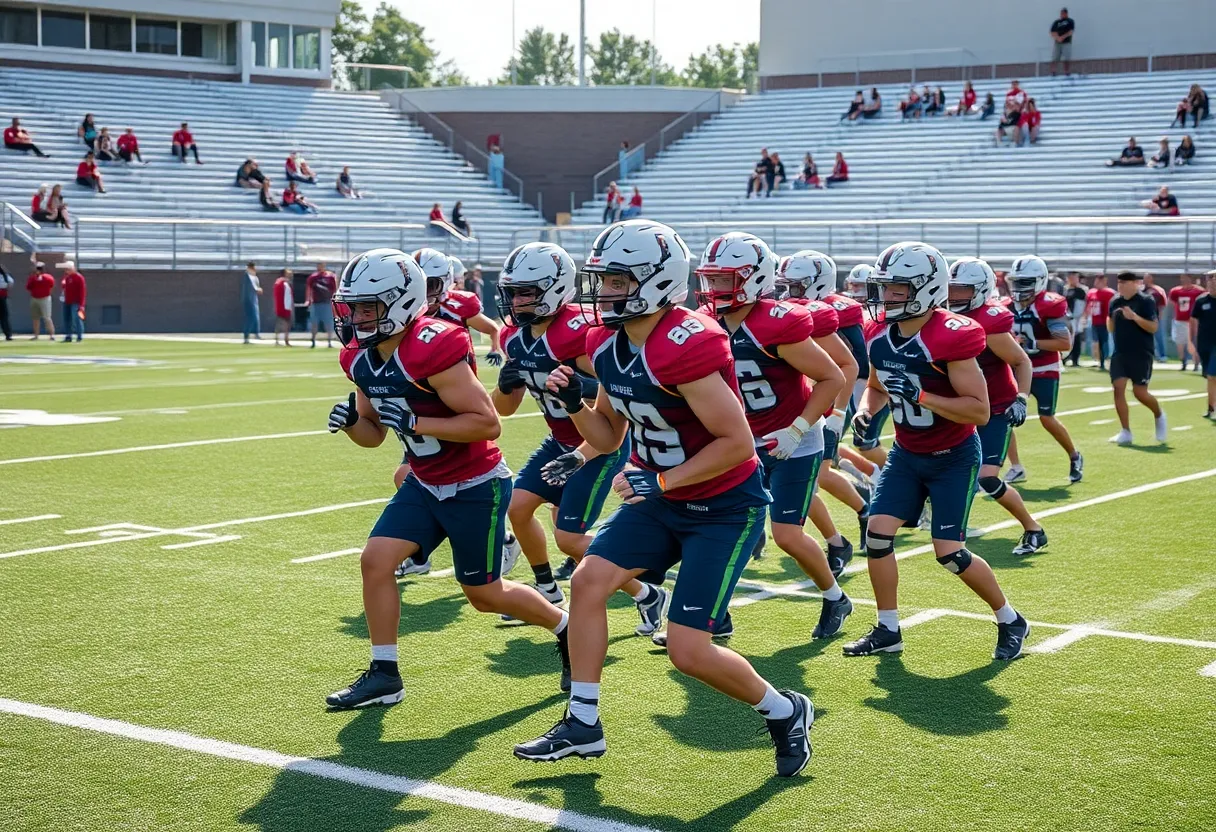 Ole Miss football players practicing on the field in preparation for the season opener.