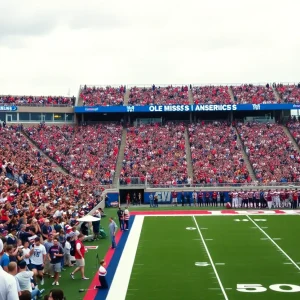 Ole Miss football fans cheering in the stadium