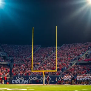 Exterior view of Ole Miss football stadium filled with fans