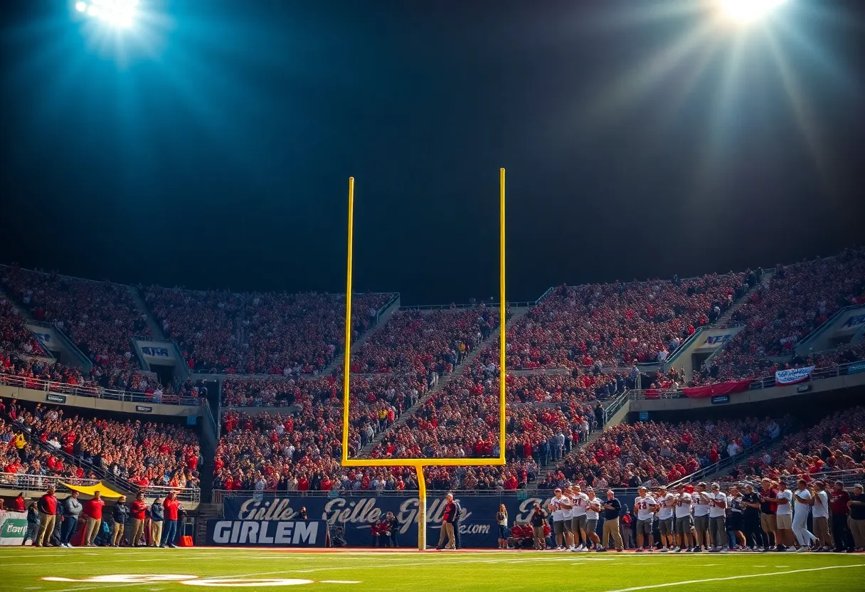 Exterior view of Ole Miss football stadium filled with fans
