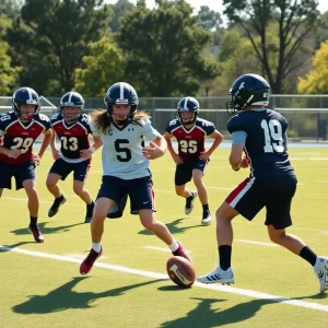 Ole Miss football team practicing defense on the field