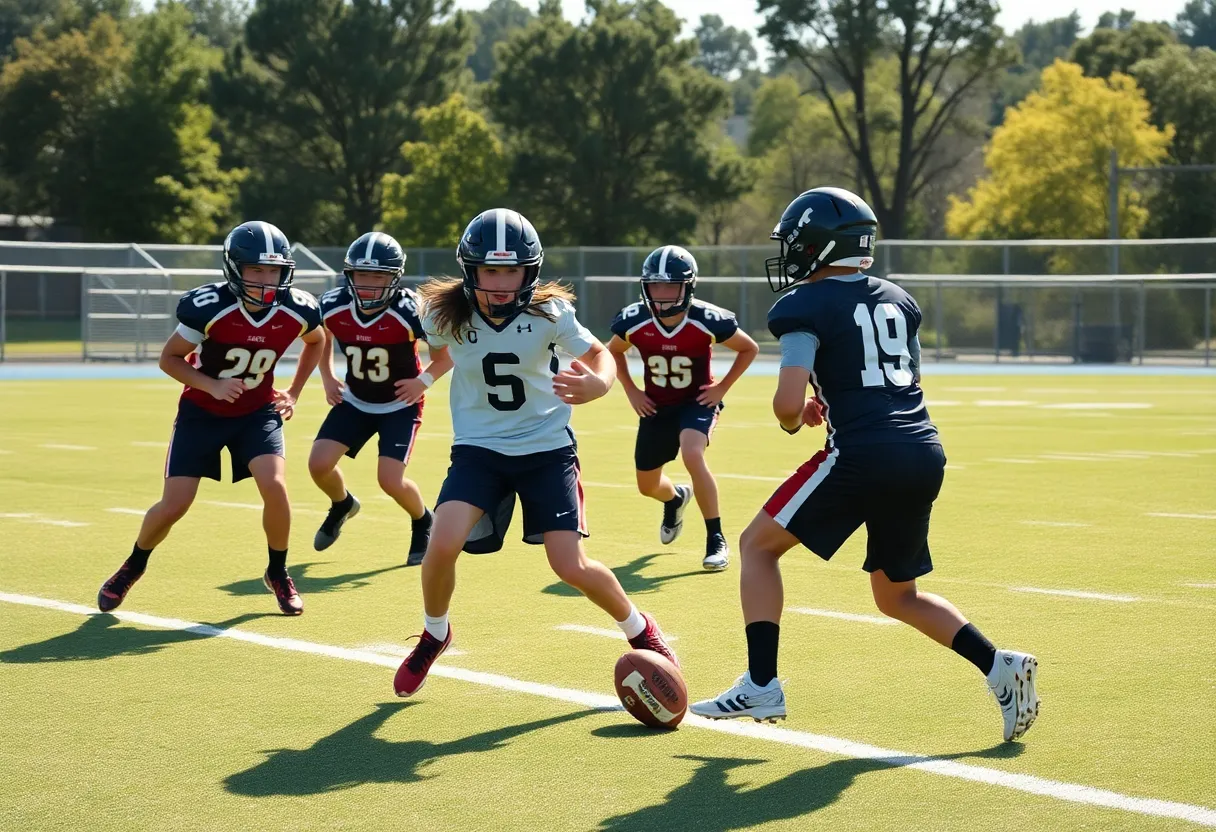 Ole Miss football team practicing defense on the field