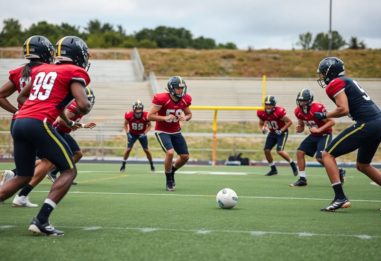 Ole Miss football team practicing defensive drills during training camp.