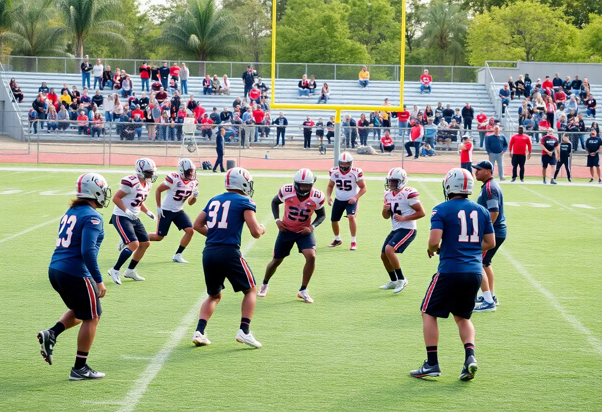 Players at Ole Miss football training camp practicing drills