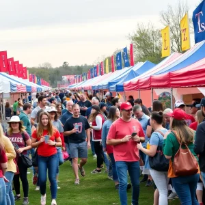 Crowd of Ole Miss fans celebrating at a tailgating event