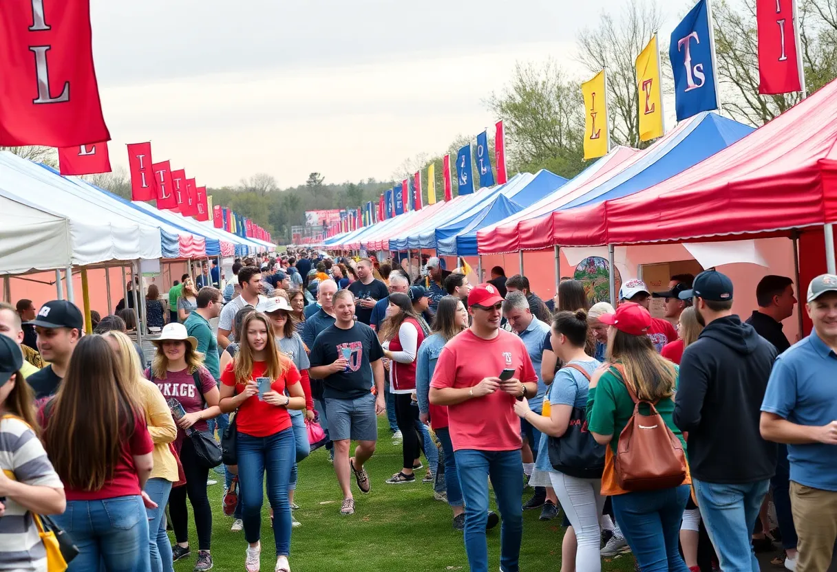 Crowd of Ole Miss fans celebrating at a tailgating event
