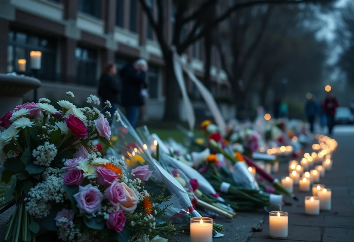 Memorial of flowers and candles at a college campus