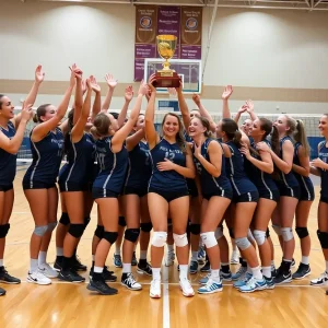 Ole Miss Volleyball team celebrating their historic achievement