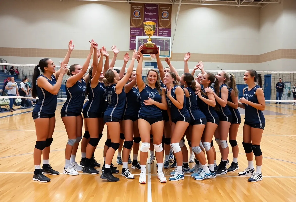 Ole Miss Volleyball team celebrating their historic achievement