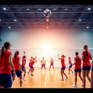 Volleyball players competing during a match between Oxford Chargers and Murrah Mustangs.