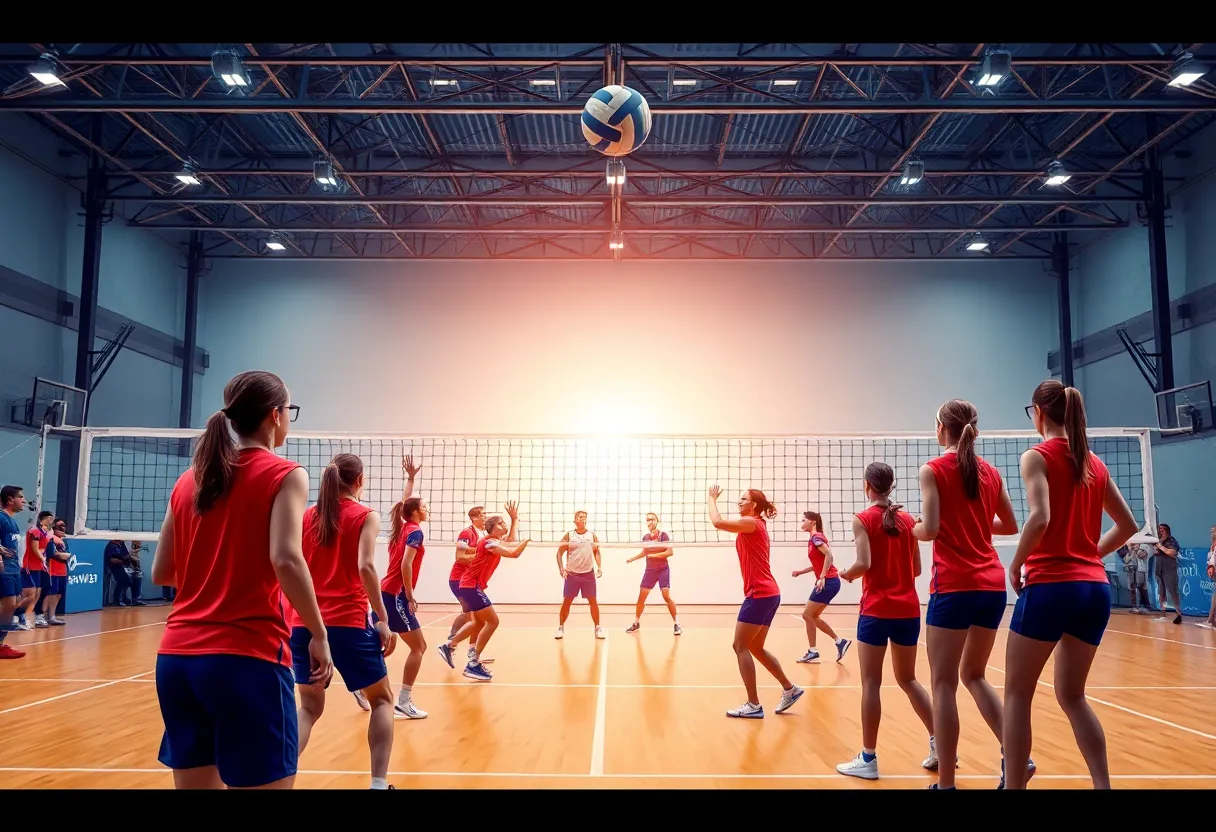 Volleyball players competing during a match between Oxford Chargers and Murrah Mustangs.