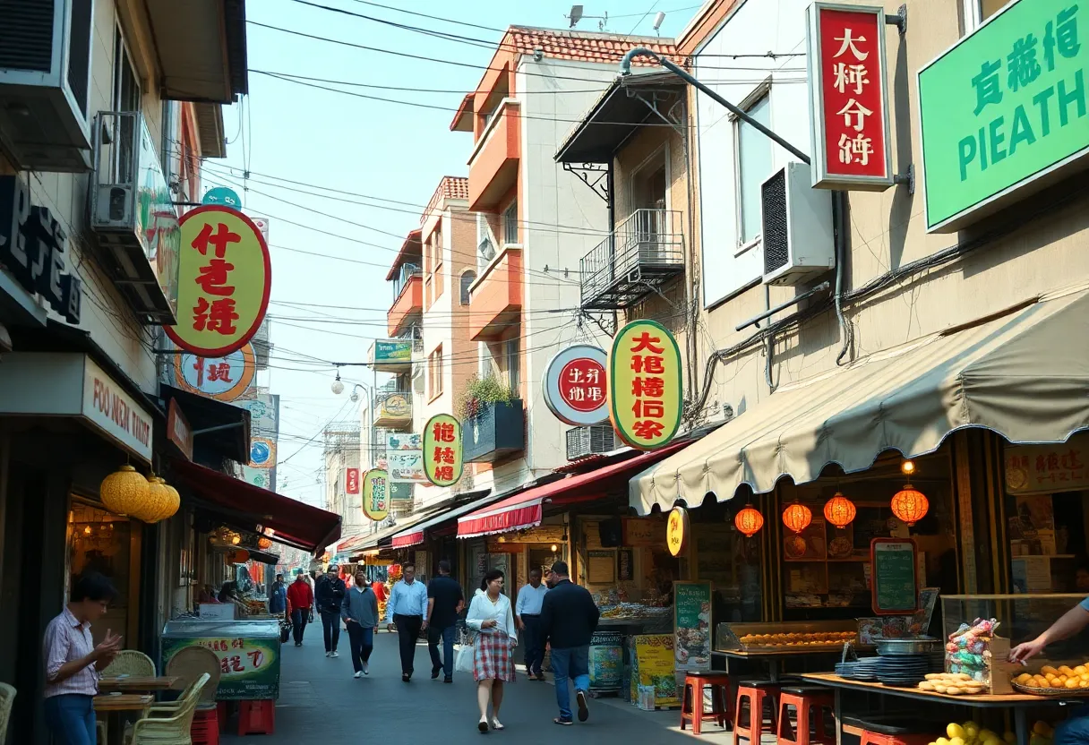 A bustling street filled with restaurants and food stalls in Oxford, MS.